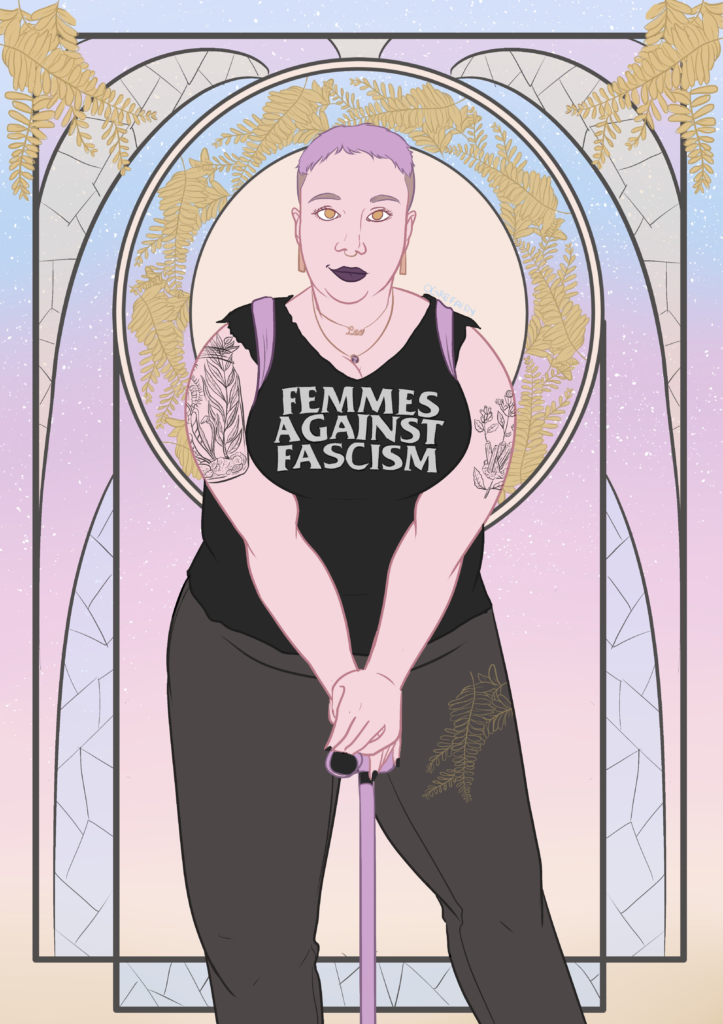 A digital art deco-style portrait of site author Jesse Rice-Evans, a fat white femme with short purple hair leaning on a lavender cane in a black t-shirt with white text that reads "femmes against fascism." She has tattoos on each arm and wears two necklaces, gold earrings, and purple lipstick